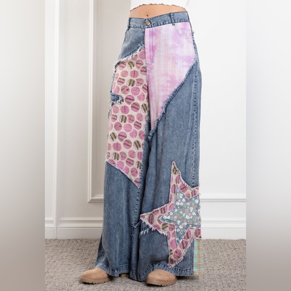 Blue Velvet Denim - Blue Velvet Star Patchwork Wide Leg Jeans purple tie dye